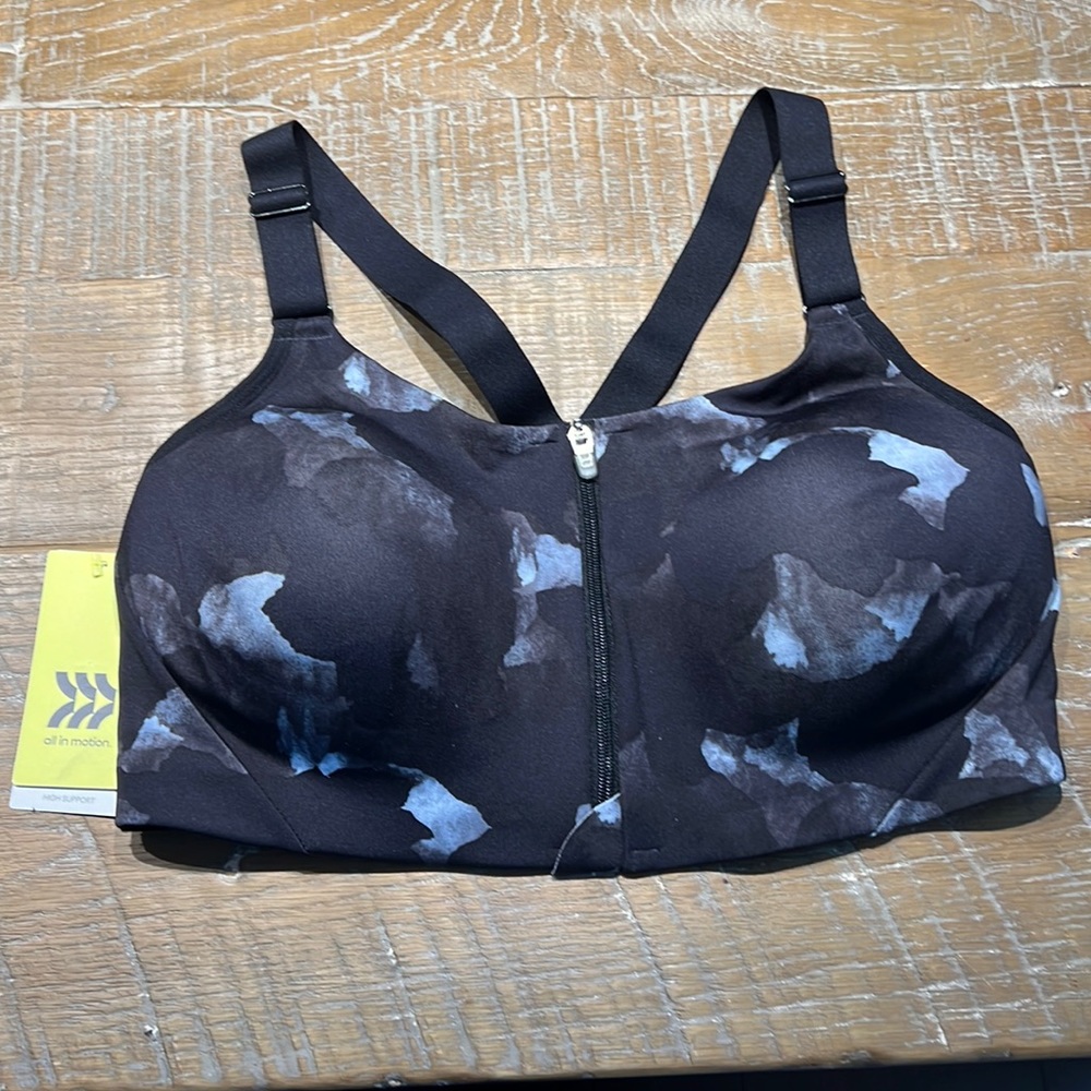 All In Motion 38C Large High Support Zip Front Athletic Bra Black Moisture Wick